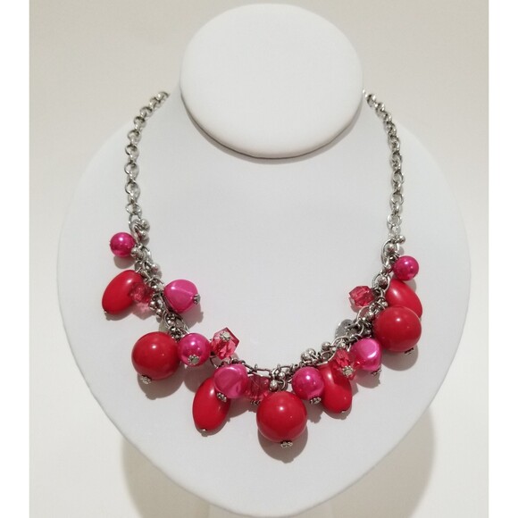 Red/Fuchsia Dangle Multi Bead Vintage Artisan 18" Necklace - with 2" Extension - Picture 6 of 10